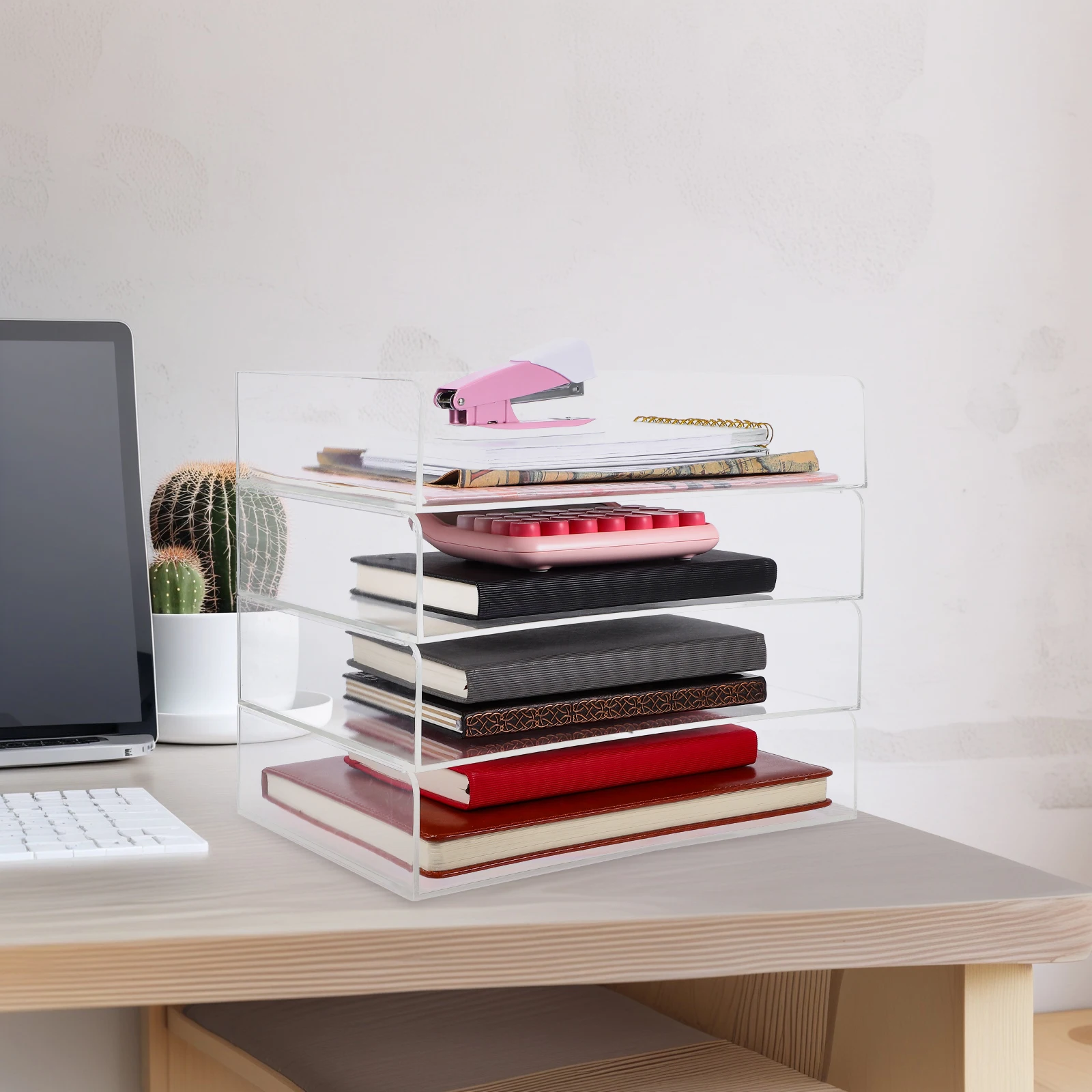 4 Layers Acrylic Office Storage Box Transparent Desktop Organizer File Tray Stackable Paper Trays Document Holder Large Capacity