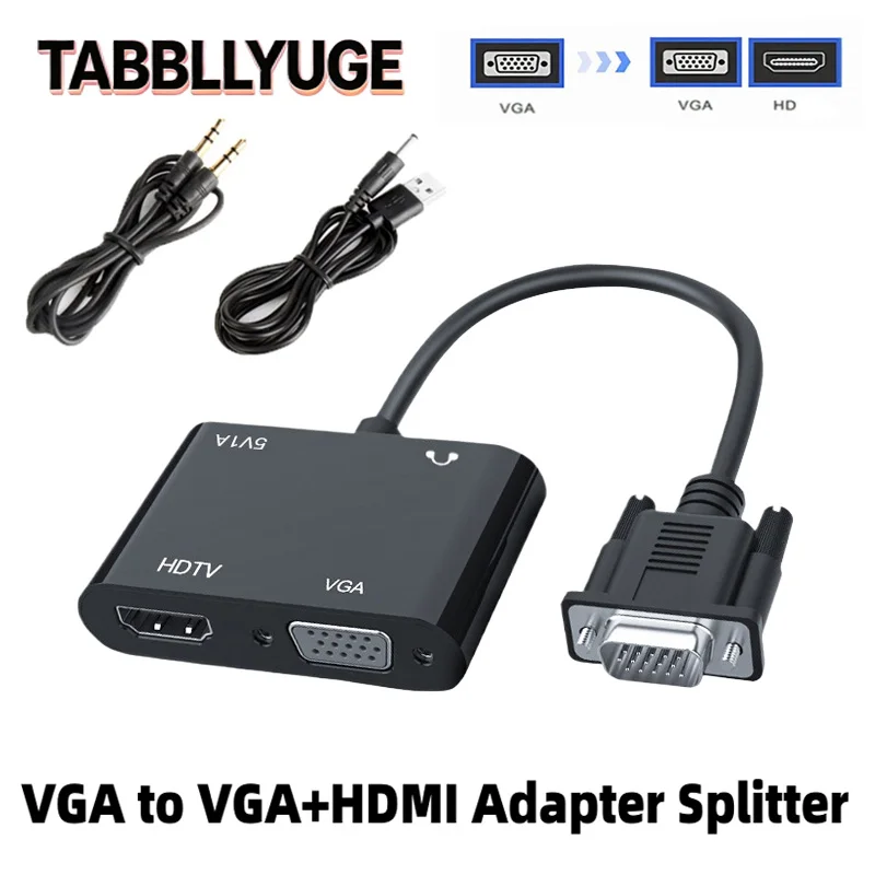 VGA to VGA+HDMI-compatible Adapter Splitter with 3.5mm Audio Converter Support Dual Display for Projector  HDMI-Compatible