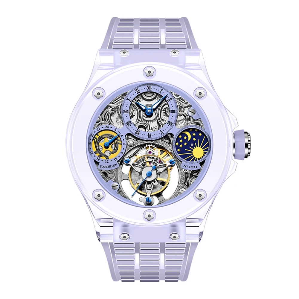 Haofa K9 Crystal Flying Tourbillon Watch GMT Moon Phase Sapphire orologi da polso meccanici manuali impermeabili per uomo Luxury 2231