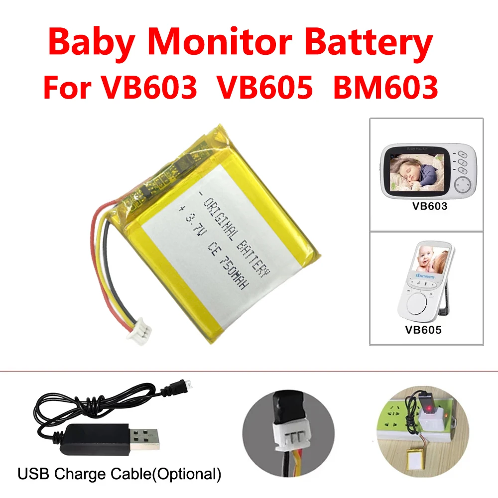 VB603 Baby Monitor Battery VB605 VB603 Battery ,3.7V 750mAh Replacement Battery USB Charger for Video Nanny Bebe Monitor BM603