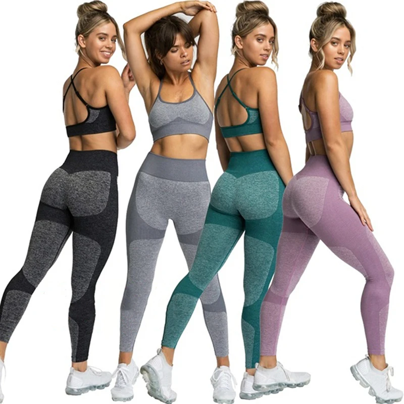 

Seamless Set Women Fitness Clothing Top Female Leggings Padded Push Up Strappy Bra Sexy Female Suits