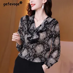 Elegant Vintage Print Chic Ruffle Lace V-Neck Loose Blouses Tops for Women Fashion Commute Loose Long Sleeve Shirts Clothes 2023