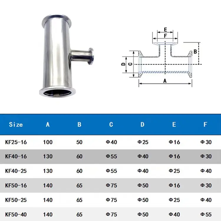 304 Stainless Steel Vacuum Reducing Tee KF16-KF25-KF40-KF50 High Quality Industrial Vacuum Fitting for Laboratory Use