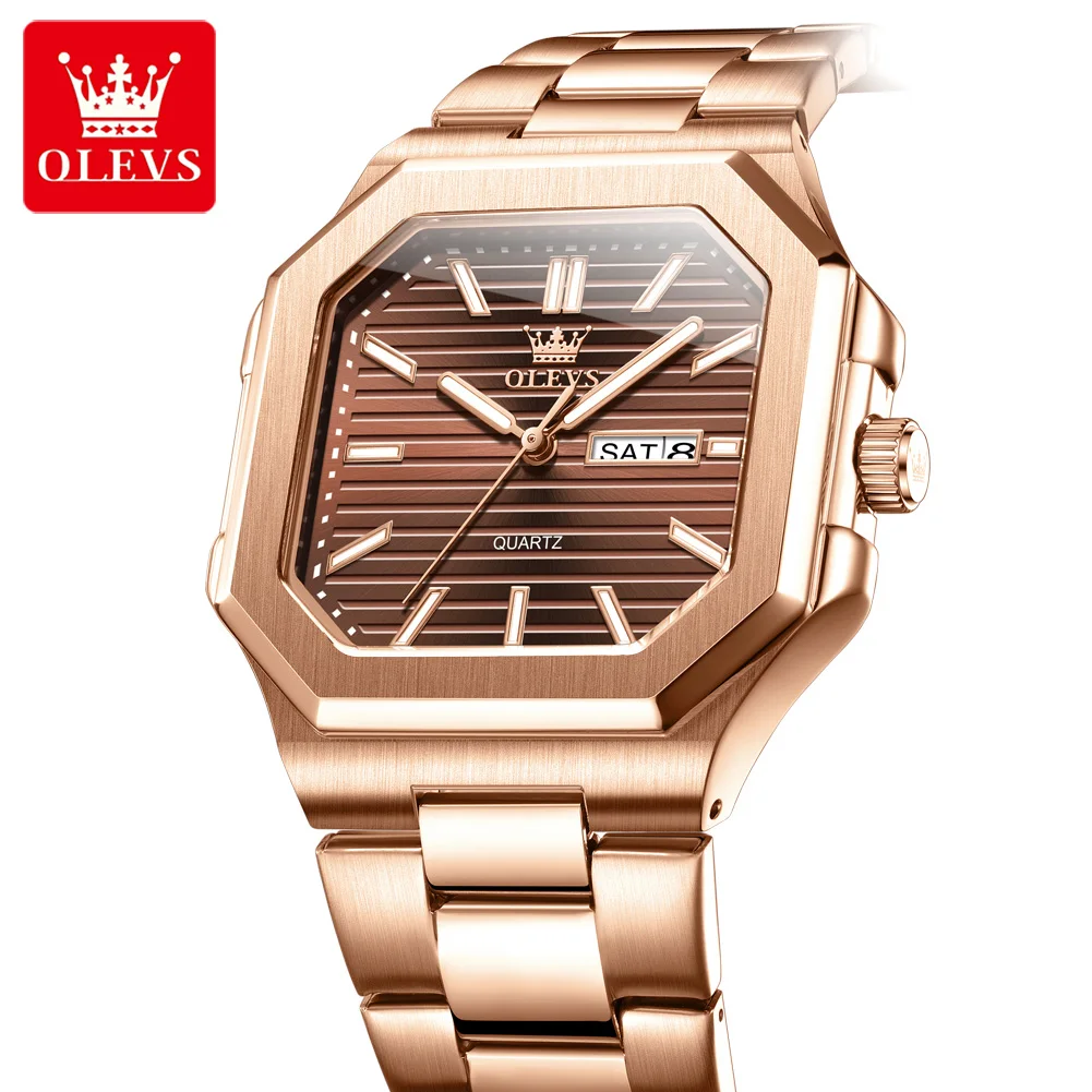 

Бренд OLEVS, оригинальные модные квадратные кварцевые часы для мужчин, водонепроницаемые, из нержавеющей стали, светящиеся, с указанием дня недели и даты, роскошные часы из розового золота для мужчин