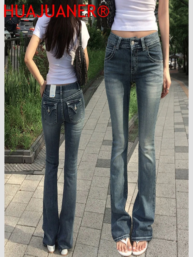 Gothic Buddha Head Womens Jeans Y2K Clothes Hip Hop Pocket Embroidery Vintage Blue Baggy Jeans Low Waist Wide Leg Trousers