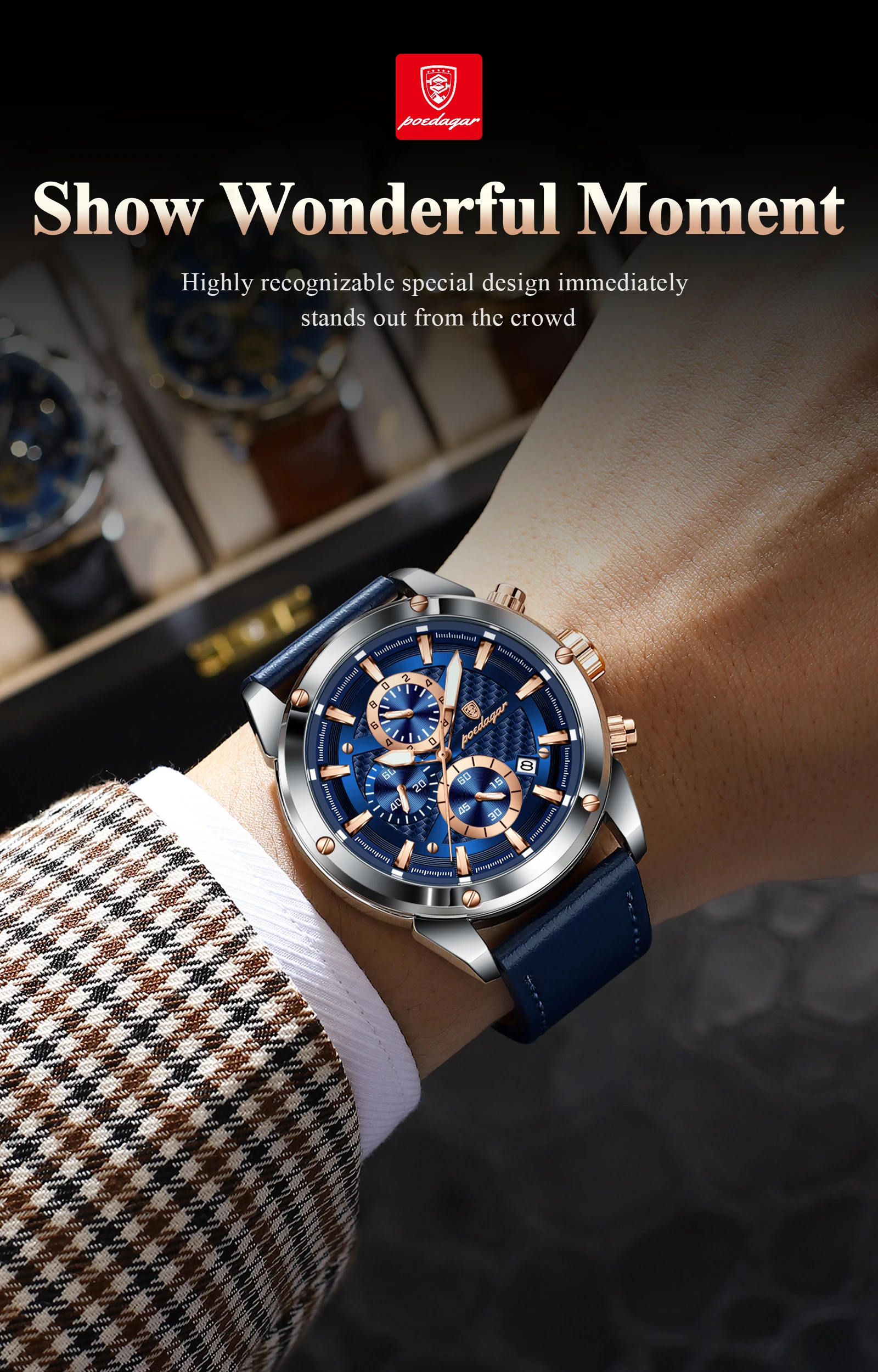POEDAGAR Business-Mann-Uhr, wasserdicht, leuchtend, Chronograph, Datum, Original-Uhren für Herren, Leder, Luxus-Herren-Quarz-Armbanduhr – Detail 3