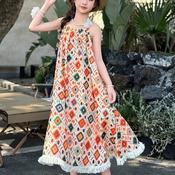 Girls Skirt 2026 Summer New Children's Clothing Korean Wind Girl Baby Fashion Boho Tassel Suspender Skirt Casual Simple Daily