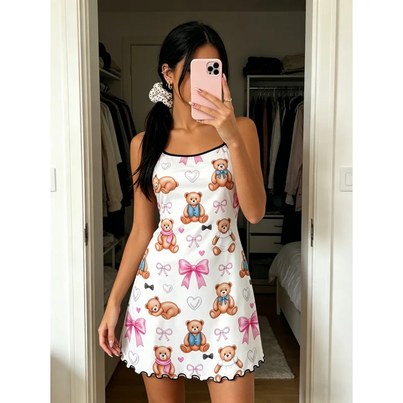 Women Summer Nightdress Spaghetti Strap Ruffle Trim Round Neck Home Loungewear Sleep Dress Cute Teddy Bear Print