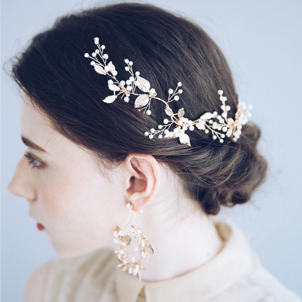 

Golden Baroque Hair Comb Lifelike Leaves Headdress Alloy Hair Accessories Artificial Pearl Wedding Bridal Hair Decoration Elegan