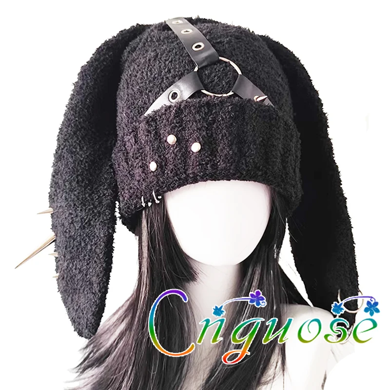 Punk Knitted brimless rabbit ear hat 2024 Y2K DIY Cute kawaii Rivet  Dropped Ear Rabbit Hood Womens Hats Winter