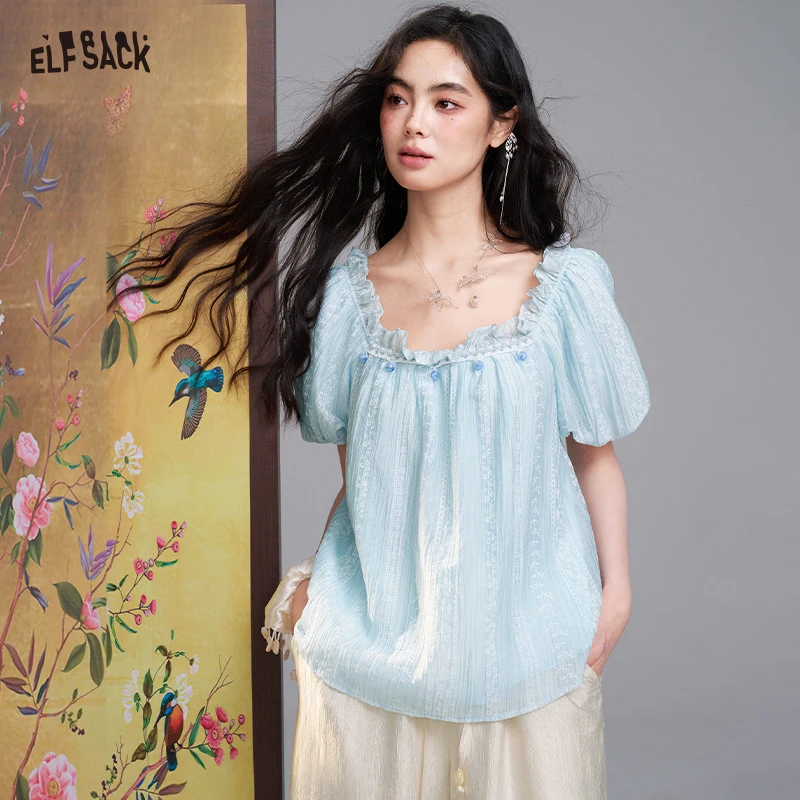 

ELFSACK Women's Lace Embroidered Square Neck Blouse, Puff Sleeve Ruffle Neck Casual Loose Top