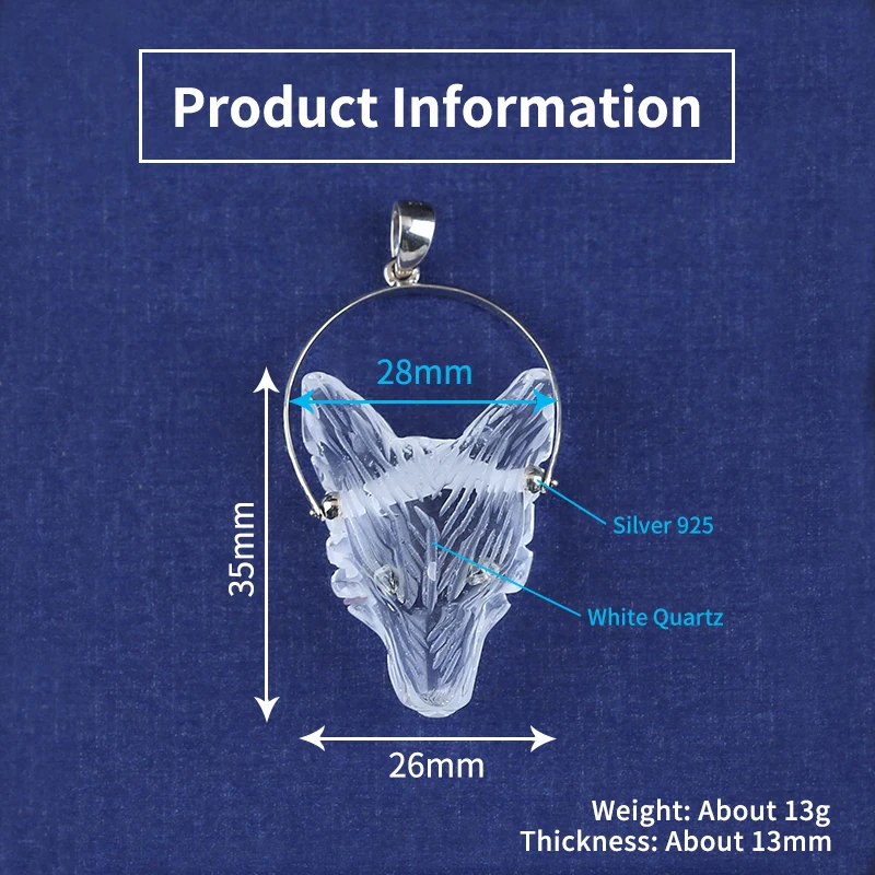 Подвеска ручной работы с головой волка из белого кварца и серебром 925 пробы, ожерелье с подвеской в виде волка, 35x28x13 мм-13 г