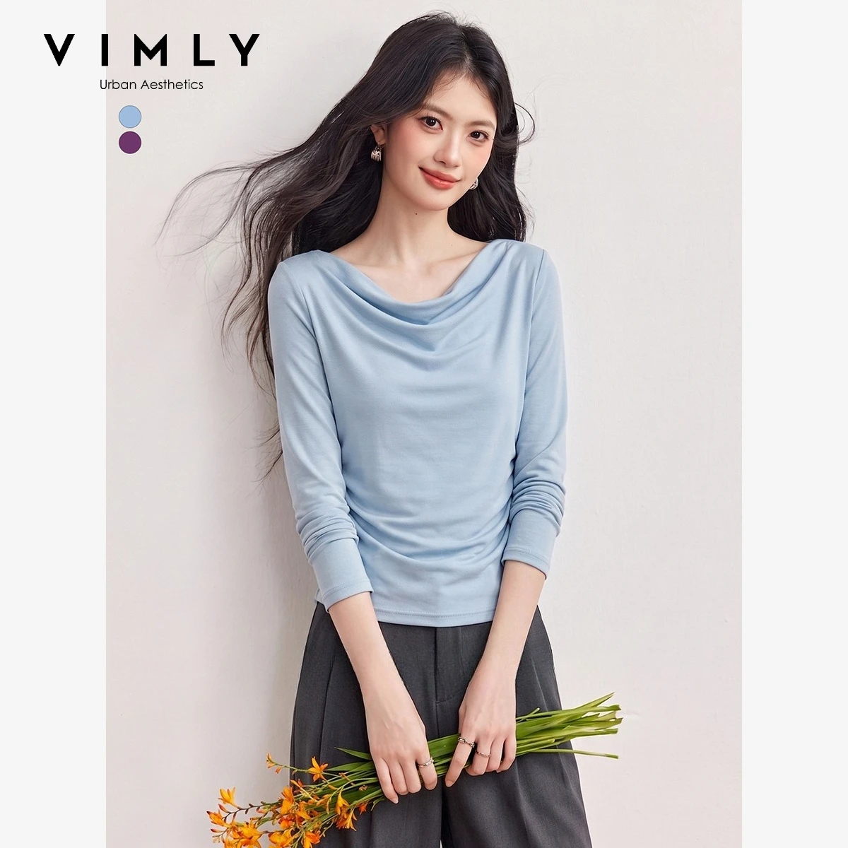 VIMLY Blue Cowl Neck Long Sleeve T-shirt Women 2026 Fall Casual Slim-fit Versatile Tees New Fashion Elegant Tops Female A7190