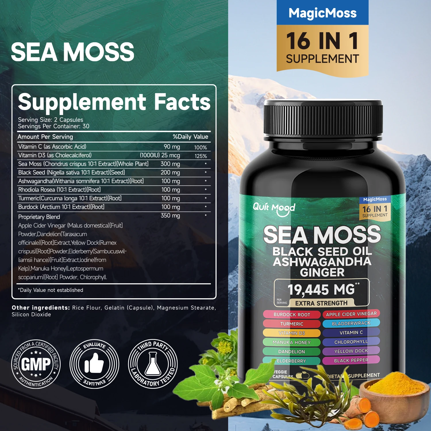 2Pcs Sea Moss 3000mg Black Seed Oil 2000mg Ashwagandha1000mg Turmeric 1000mg Bladderwrack 1000mg Burdock 1000mg & Vitamin C & D3