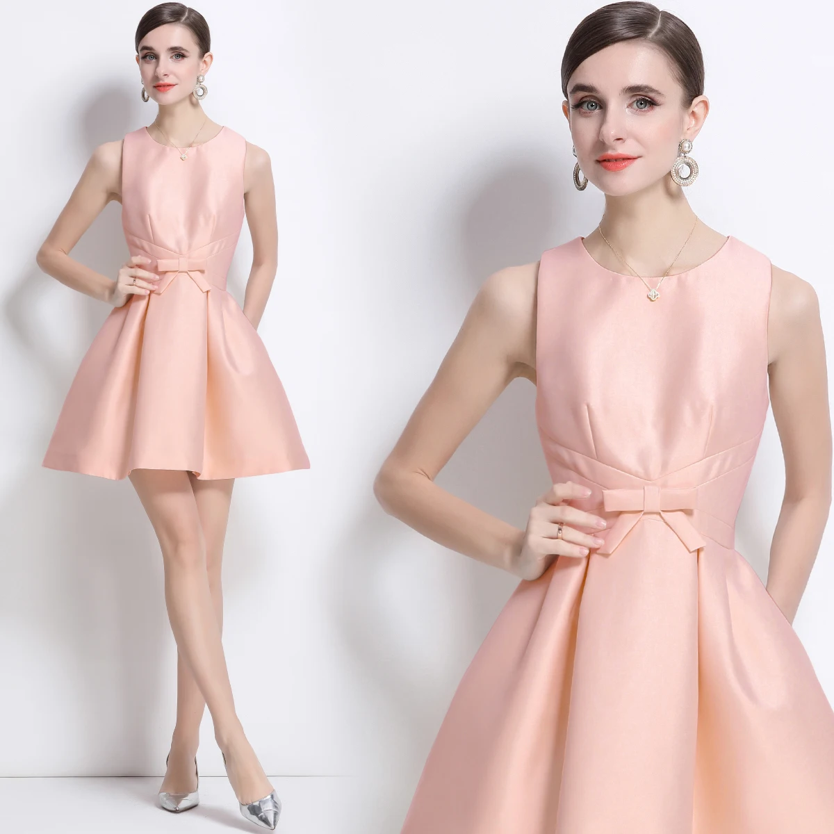 Ele ort Satin Dr with  Knot Slimming Design French Sle mid Waist A-Line Skirt Polyester Fiber ort Sve