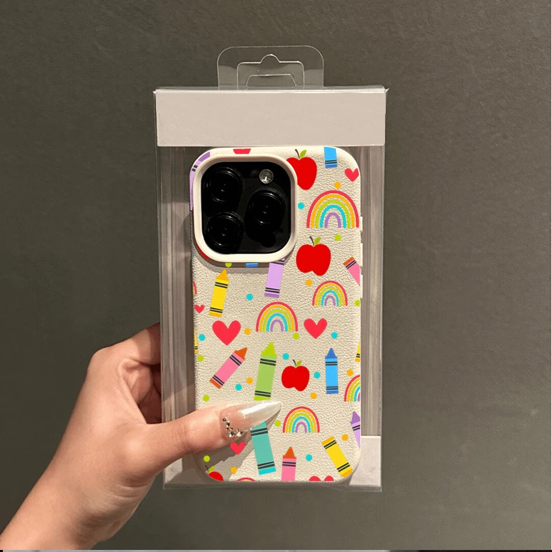 Phone Case For iPhone 11 12 13 14 15 16 17 18 Pro Max Plus XS XR 16e 17e Air Ins Style Colorful Wax Crayon Red Apple Heart Cover 2