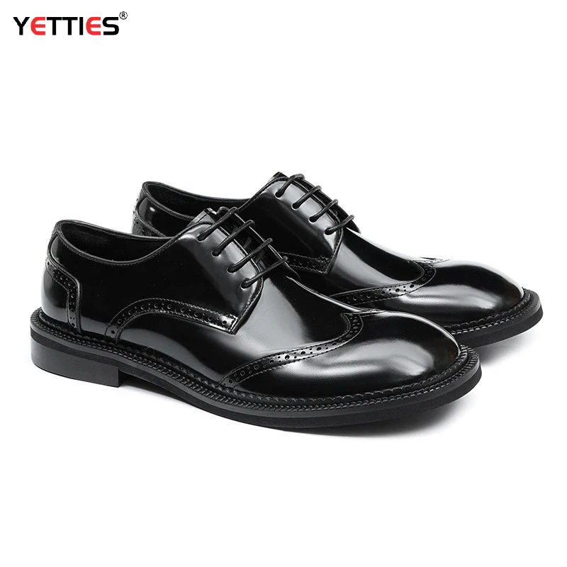 

Men Genuine Cowhide Leather Derby Brogue Shoes British Vintage HandRubbed Embossed Business Oxfords Wedding Groom Dress Footwear