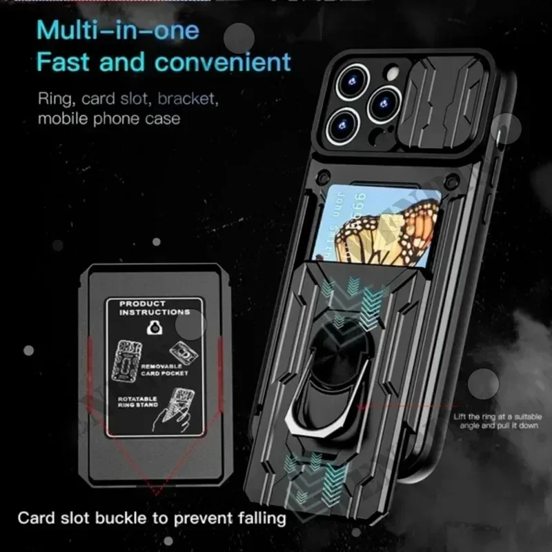 Case For iPhone 16 15 14 13 Pro Max XR X 8 7 Plus SE 2022 Slide Stand Ring 360 Magnetic Camera Military Grade Card Slot Cover