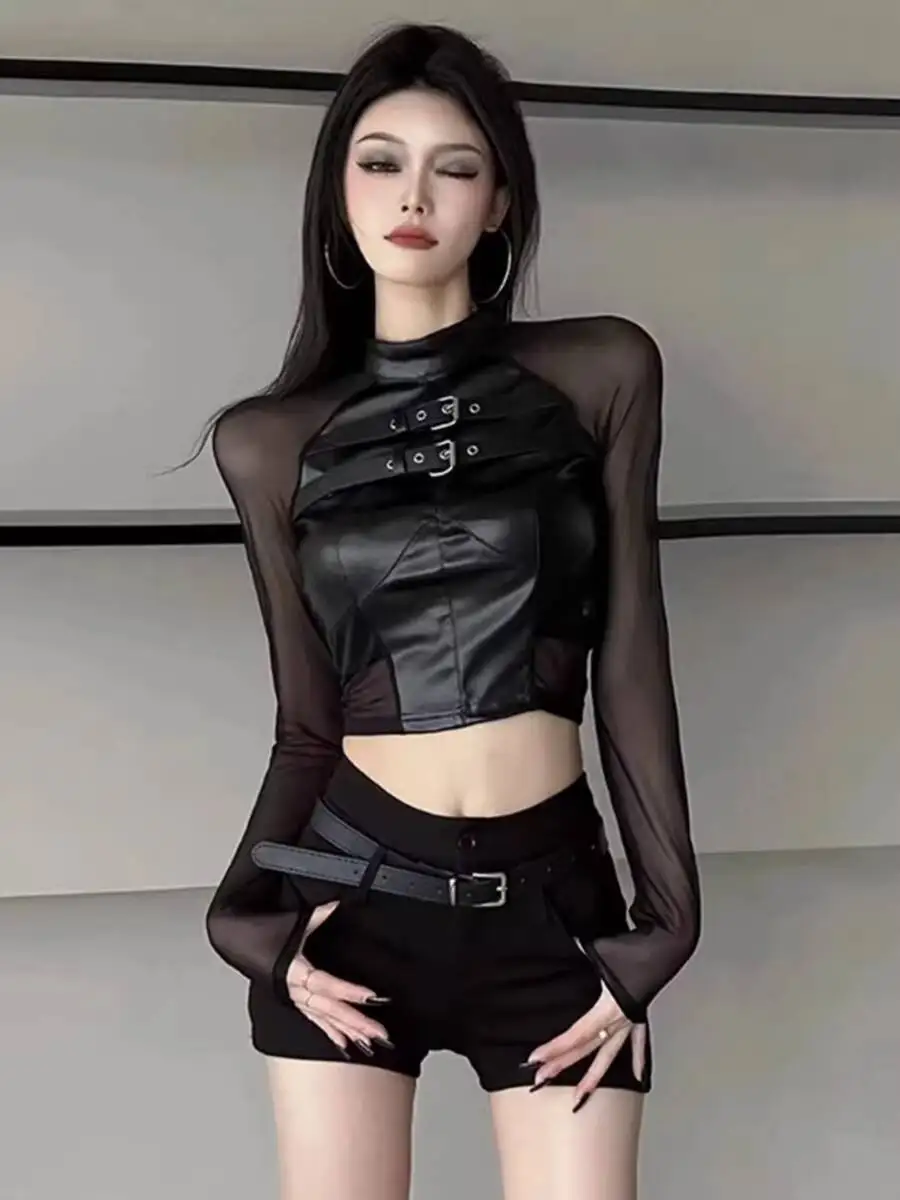 

2026 New Women's Kpop Jazz Dance Performance Outfit Sexy Mesh See through Crop Top Gothic Punk Stage Costume