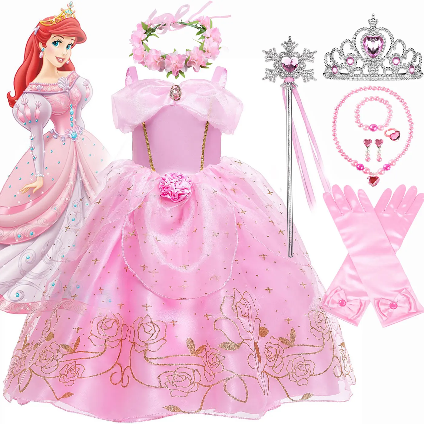 

Disney New Pink Princess Dress for Girl Sleeping Beauty Cosplay Costume Summer Rose Print Sling Frocks Holiday Party Favors