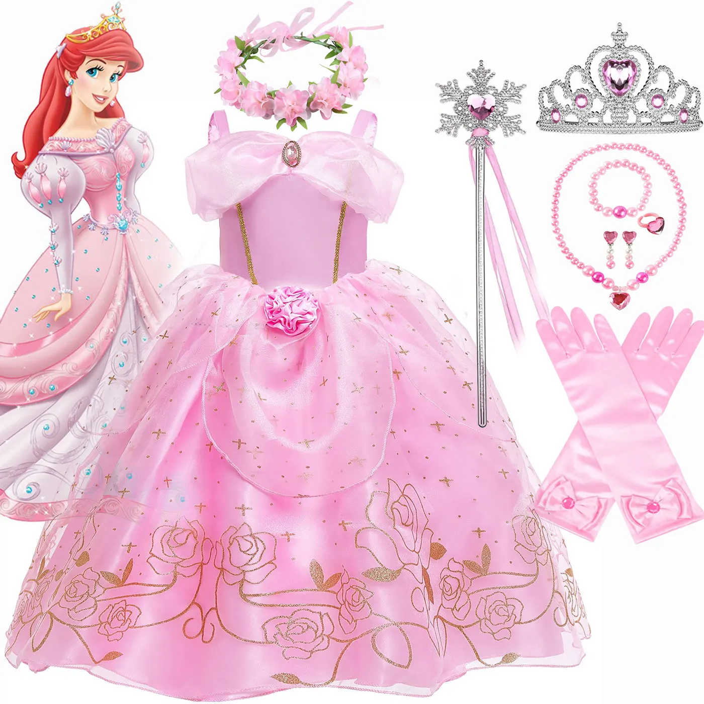 Disney New Pink Princess Dress for Girl Sleeping Beauty Cosplay Costume Summer Rose Print Sling Frocks Holiday Party Favors