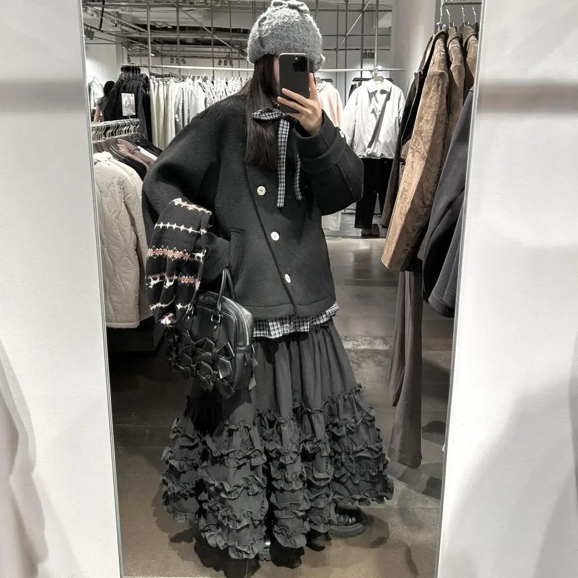 Gray Y2K Cake Half Skirt Women's Mid-Length Heavy Embroidery Autumn Fashion Vintage Style Pleated Skirt Standard Fit