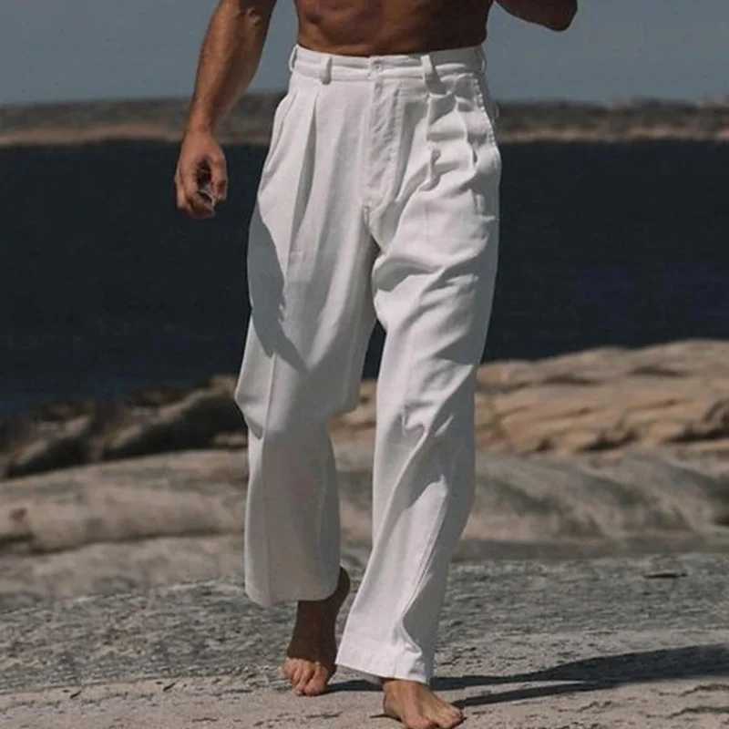 Pantaloni di lino larghi vintage tinta unita per uomo primavera estate nuovi pantaloni dritti casual pantaloni traspiranti pieghettati moda uomo