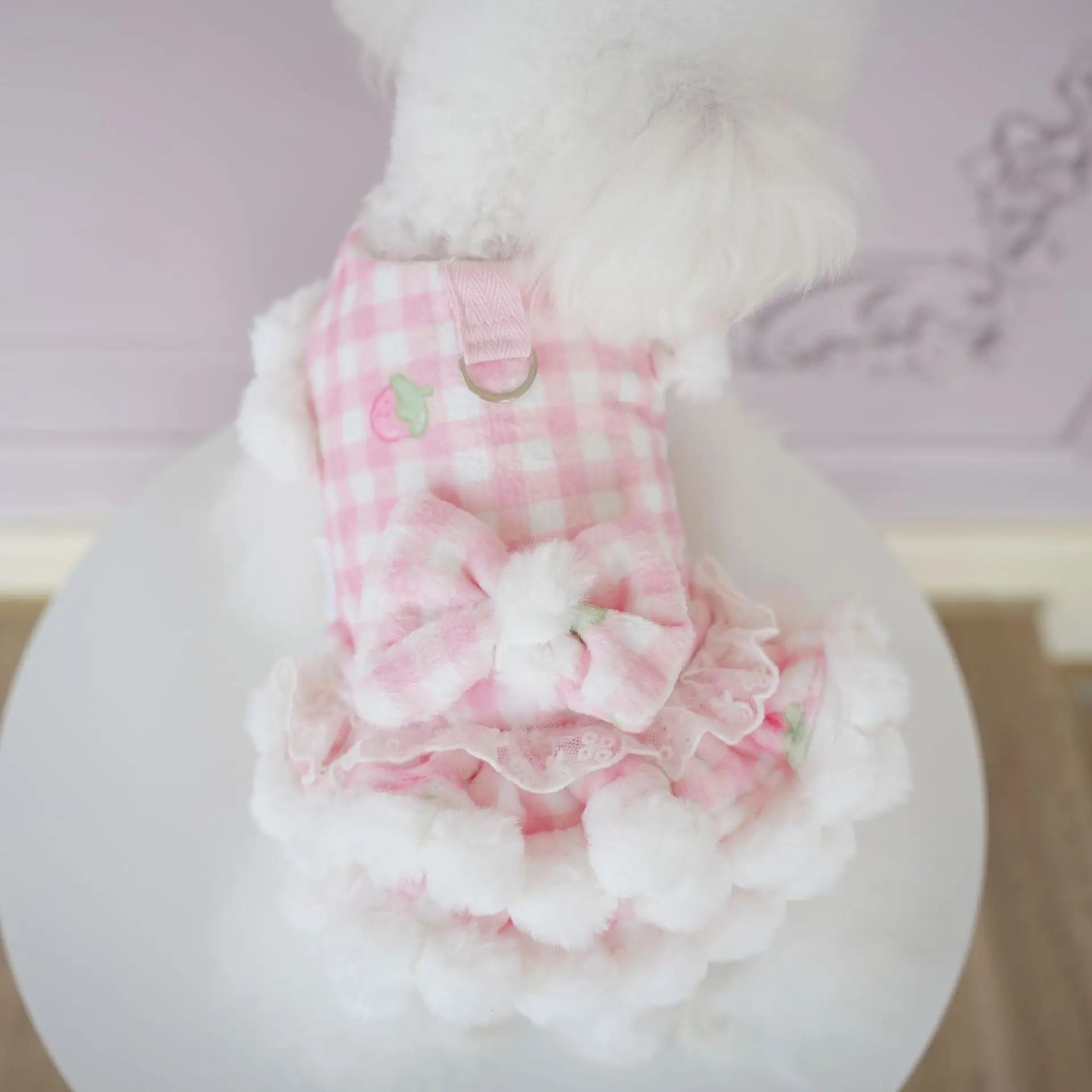 Autumn and Winter Plaid Fur Ball Dress Plaid Bear Strawberry Coat Cute Cat Warm Dress Dog Parkas Dog Plush Coat Puppy Clothes