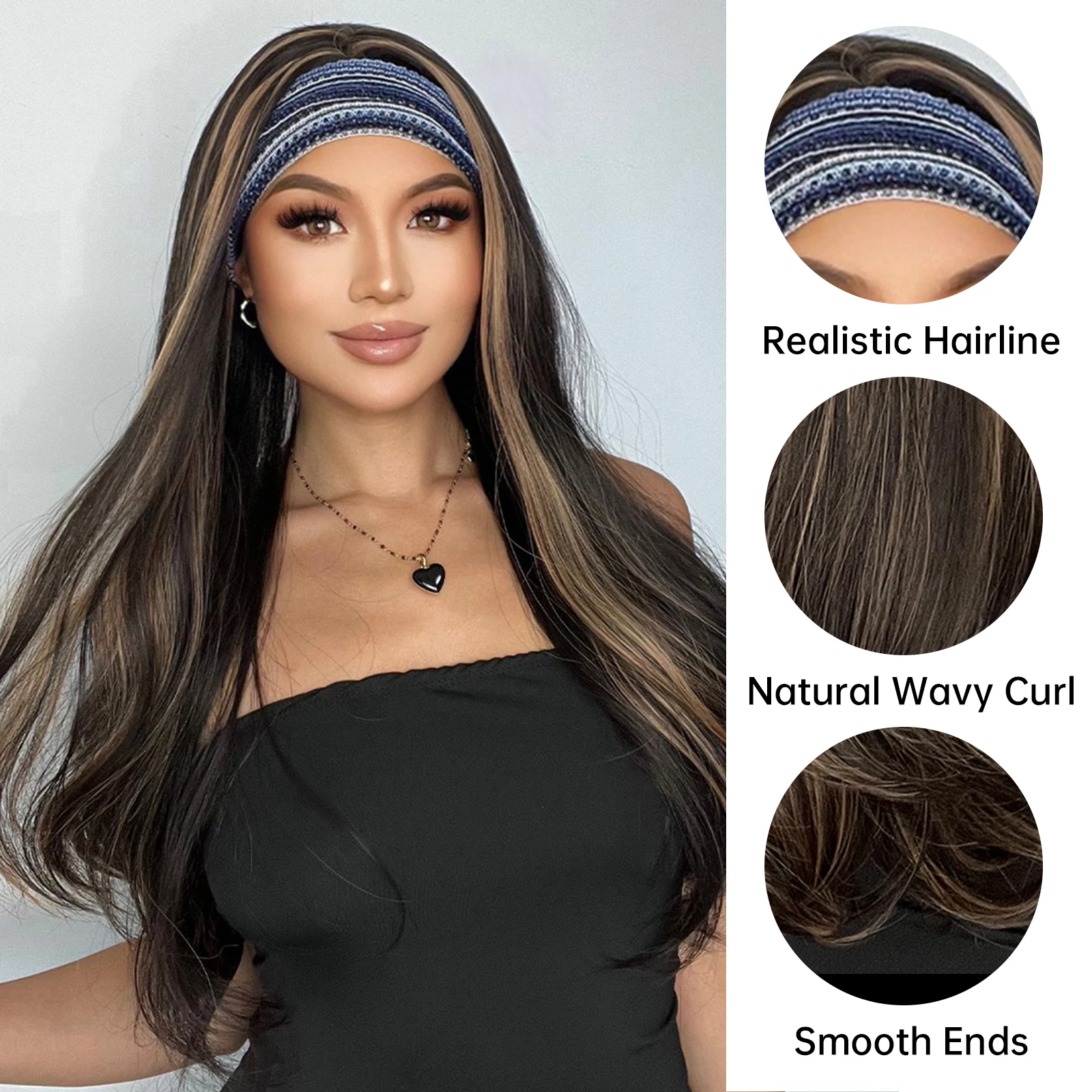 3/4 Synthetic Hair Half Wig Ladies Brown Long Wavy Wigs with Comb Head Cap Clip HeadBand Wigs for Women Jewish Bandfall Wig