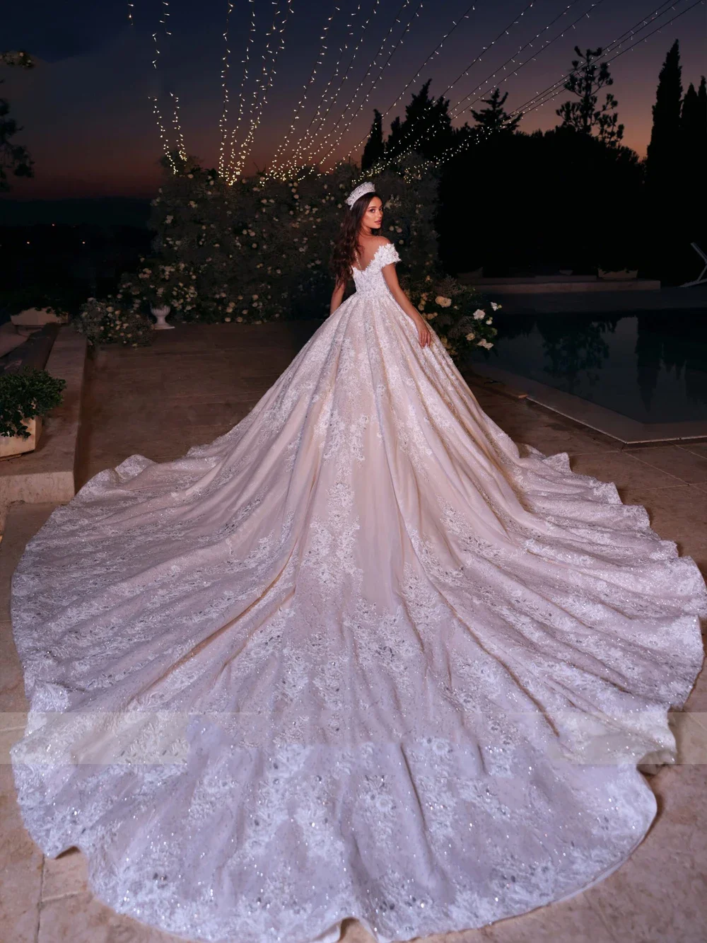 Flavinke Customized Exquisite Bling Lace Beading Pearls Floral Prints Ball Gown Wedding Dresses 2025 With Train Vestido De N