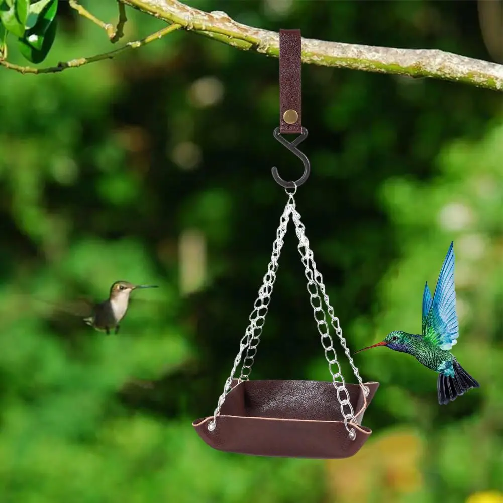 Bird Watching Feeder Metal Mesh Hanging Bird Feeder Attract Wild Birds with Faux Leather Tray Square Platform for Outdoor