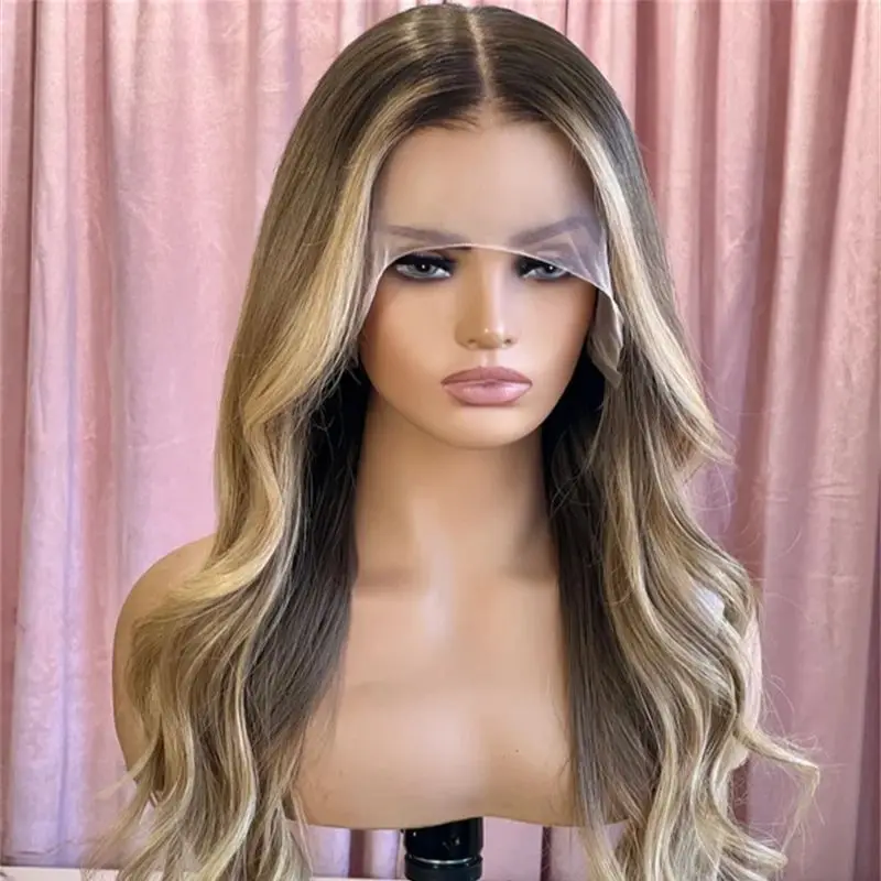 Ombre Brown Blonde Synthetic HD Lace Front Wig with Roots Luxury 13x4 Lace Top Wig for Women Realistic Lace Front Wig Party Wigs