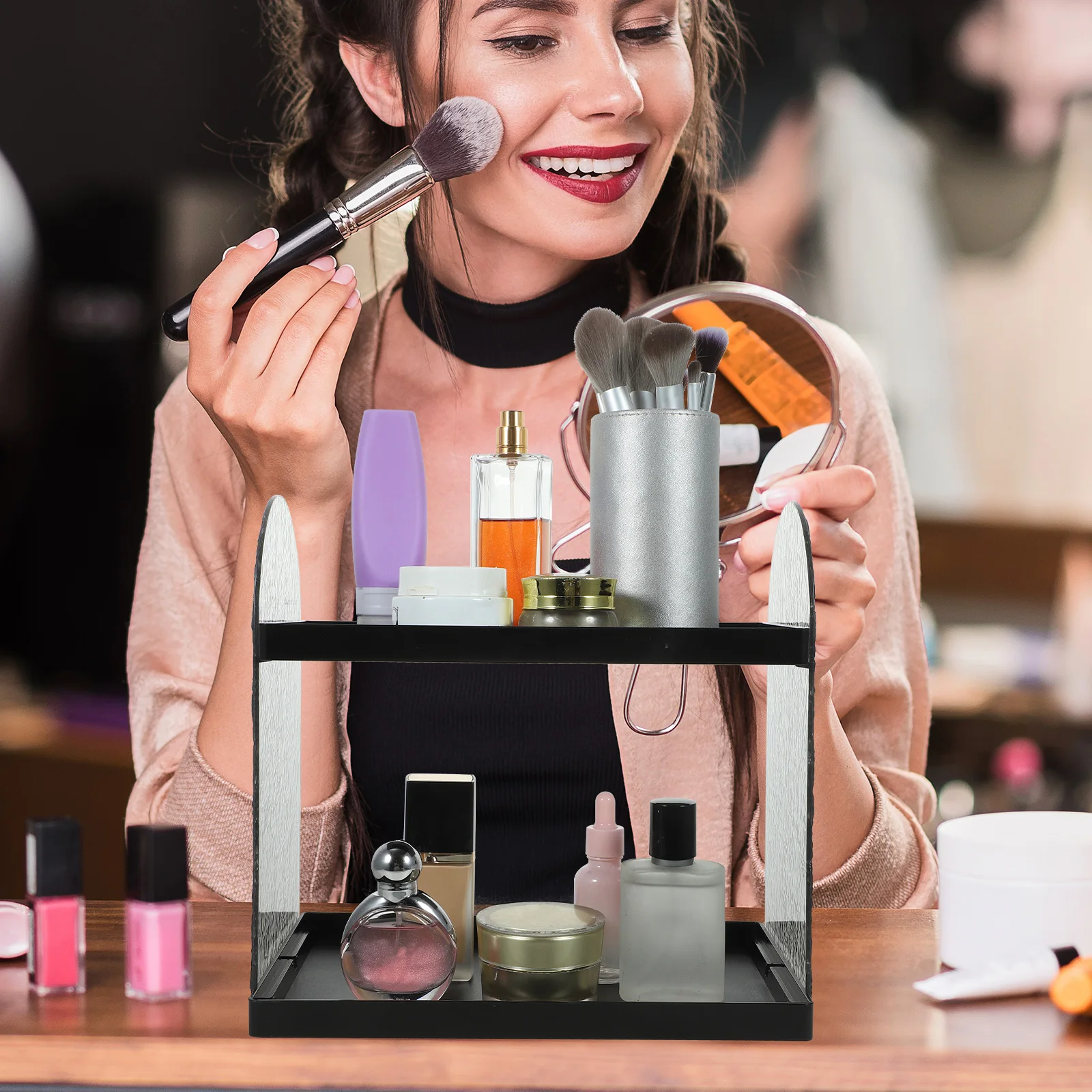 

Clear Makeup Organizer 2-Tier Vanity Shelf Strong Load Bearing Capacity Simple Style Cosmetics Storage Makeup Organizer