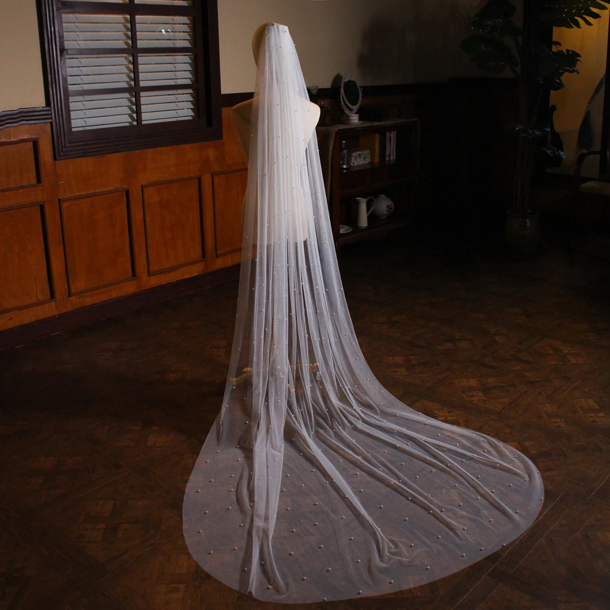 V875 Wholesale Wedding Bridal Cathedral Veil Tulle One-Layer Pearls Long Handmade Brides White Veil Women Marriage Accessories