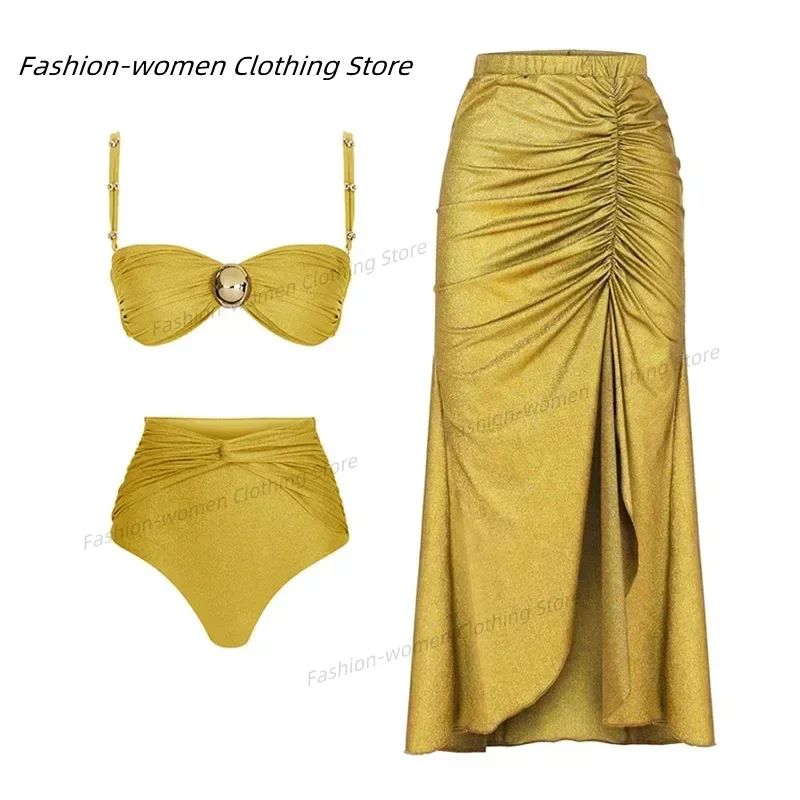 

Solid Yellow High Waist Bikini Set Cover Up Swimsuit For Women Push Up Halter Three Pieces Swimwear 2024 Beach Bathing Suits