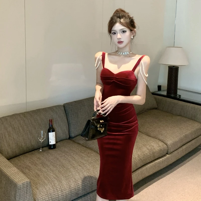 Elegant Velvet Bodycon  Dress with Strap for Women Fashionable Slimming Design Perfect for Party And Special Occasions