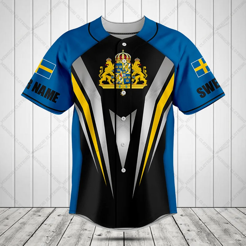 Custom Name Sweden Flag Graphic Button Shirt Summer Casual Men's Fashion Baseball Jersey E-Sports Team Uniform Short Sleeve Tops