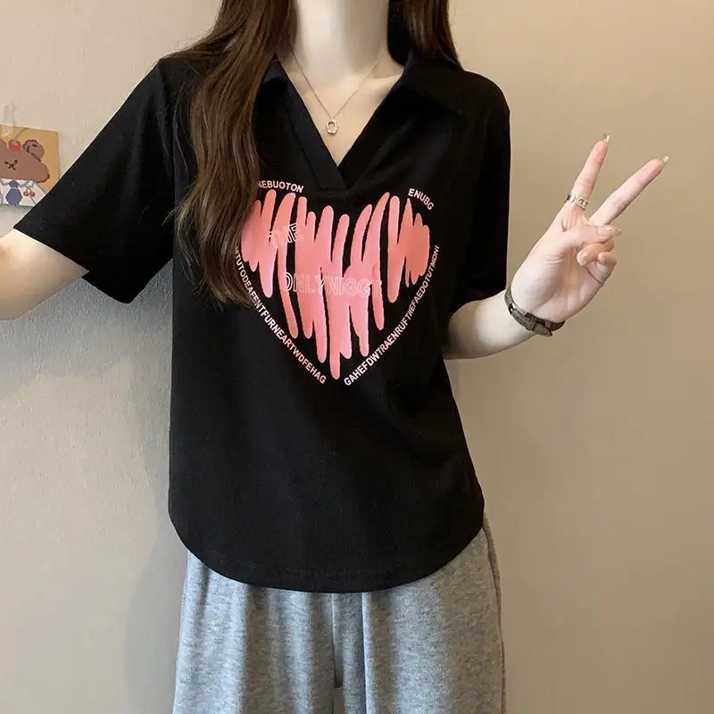 Camiseta informal con estampado de letras y solapa para mujer, ropa holgada de manga corta que combina con todo, coreana, 2024