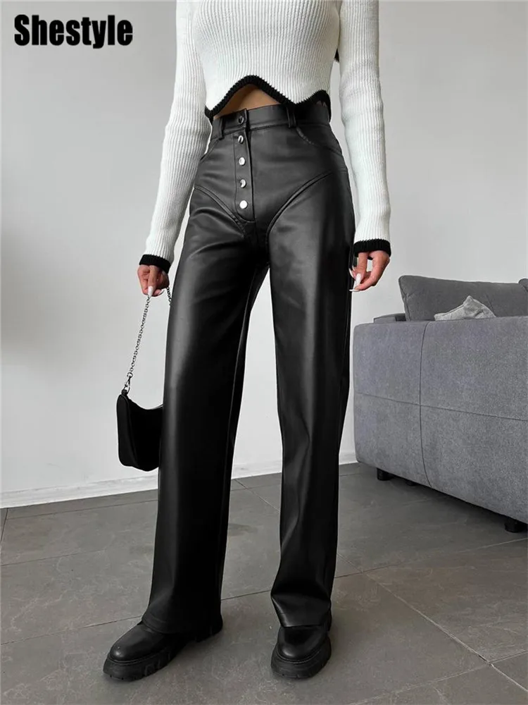 Shestyle Black PU Leather Straight Pants Office Lady Button Up High Waist Pockets Hipster Autumn Bottom Women Dropshipping