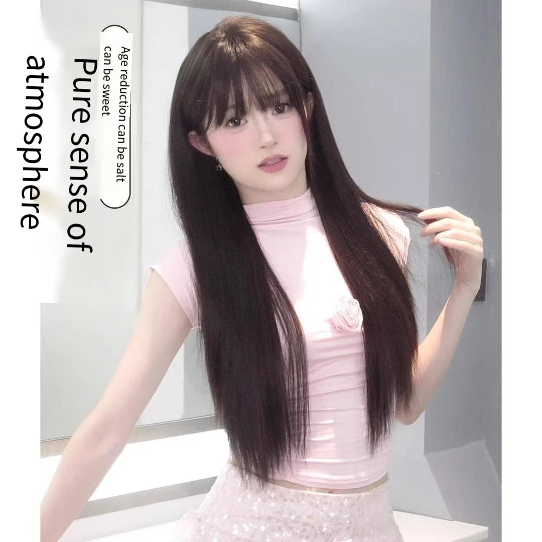 

28Inch Black Synthetic Wig Pure Temperament Long Straight Hair Sweet Natural air Bangs Hair Women Daily Wear Full Head Cover