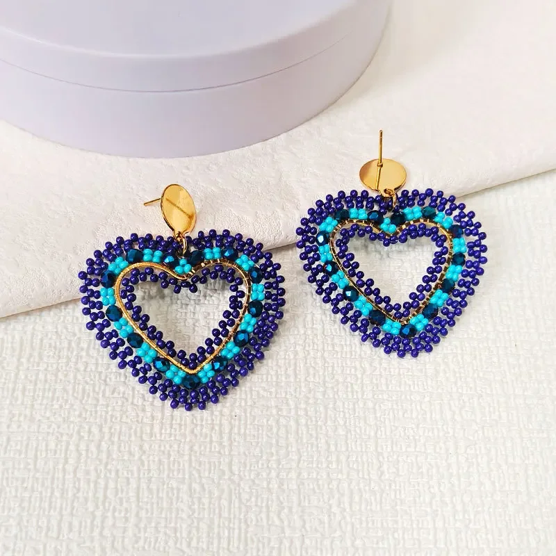 Beaded earrings Blue Heart Hollowed-out Graph Crystal Bohemia Hand knitting Alloy Versatile Simple Female Rice bead earrings