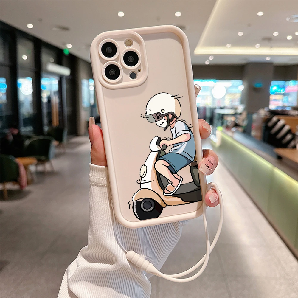 INS Cute Cartoon Riding Couple Phone Case for IPhone 15 14 13 12 11 Pro Max XR XS X 7 8 Plus Soft TPU Back Cover With Hand Strap