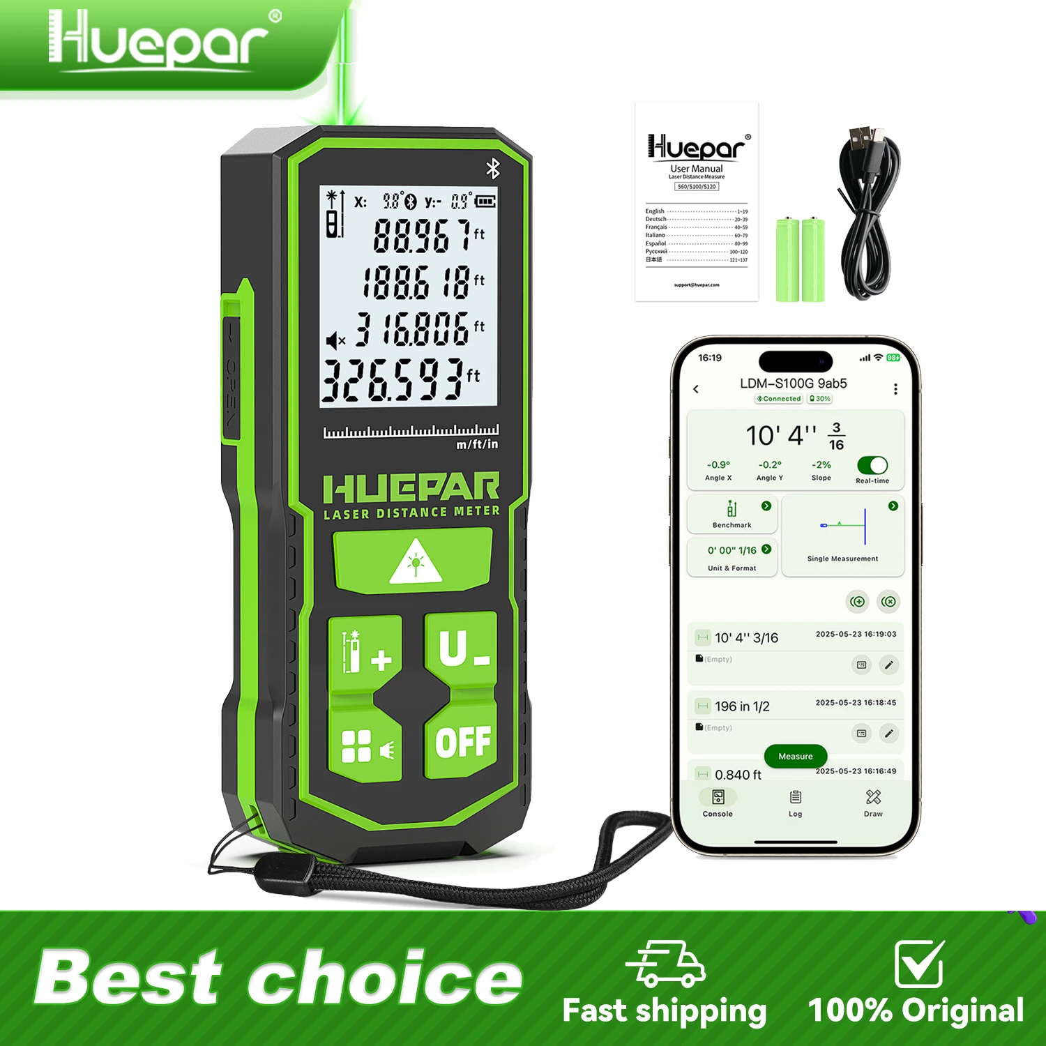 Huepar S100G-BT Bluetooth Laser Distance Measure Meter Tool Green Beam 60M/100M/120M Digital Laser Rangefinder with Angle Sensor