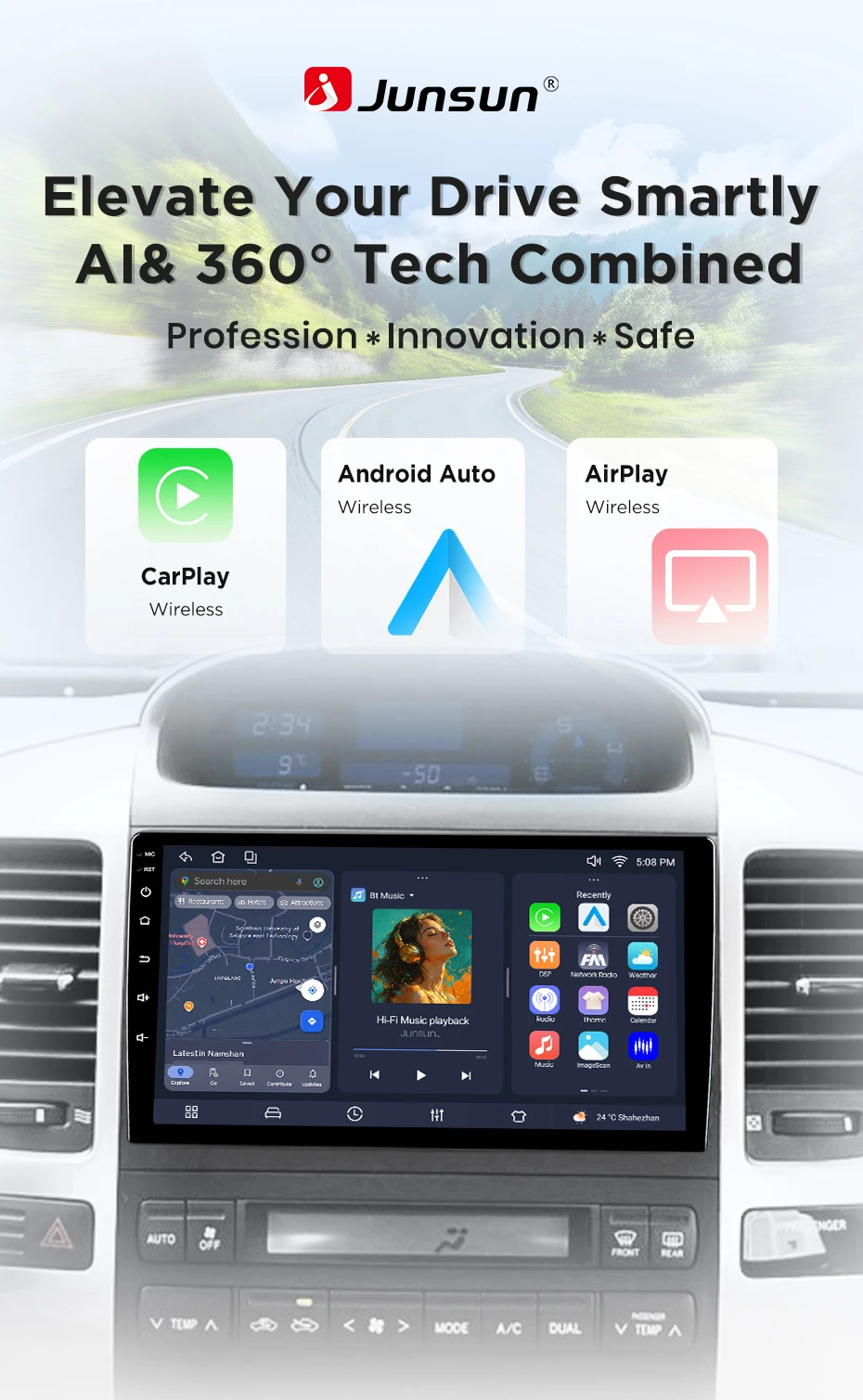 Junsun Android 15 Intelligente Autosysteme für Toyota Land Cruiser Prado 120 3 III Lexus GX4 J120 2002-2009 AI Wireless CarPlay – Detail 4