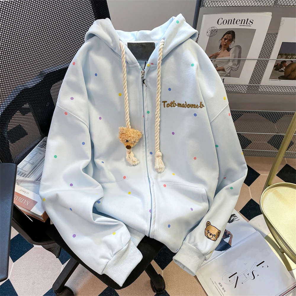 Lazy Style Light Blue Polka Dot Women Hooded Jacket Spring Autumn Cute Bear Loose Casual Zipper Sweatshirt Female Outerwear