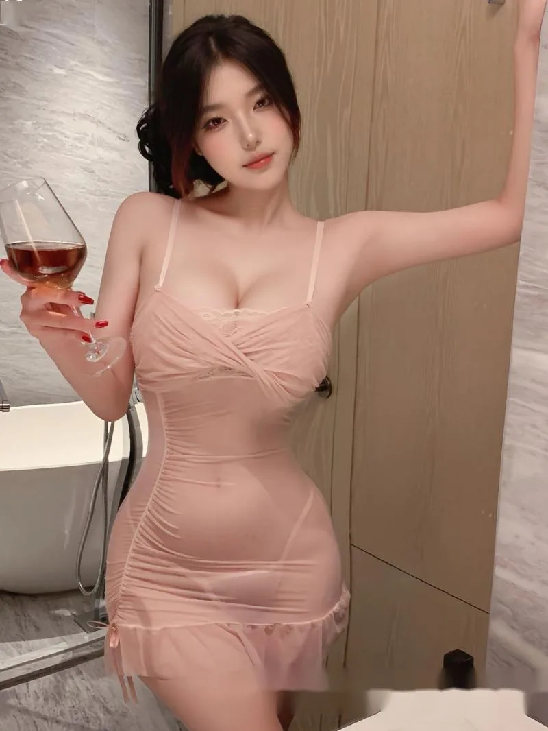 Nuevo vestido Sexy de encaje con exposición en el pecho, vestido transparente transparente con espalda descubierta y tirantes en V profundo, vestido sin mangas elegante S5F3