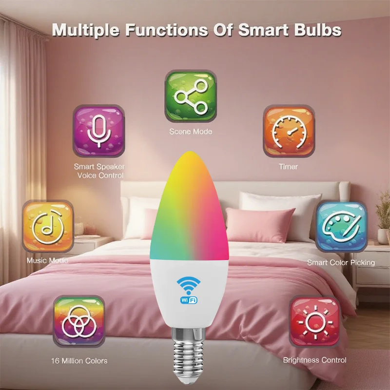 Tuya Wifi E14 Candle Lamp App Control Smart Bulb 5/7/9W RGB+CW LED Light Dimmable Crystal Group Lamps Works With Alexa Google