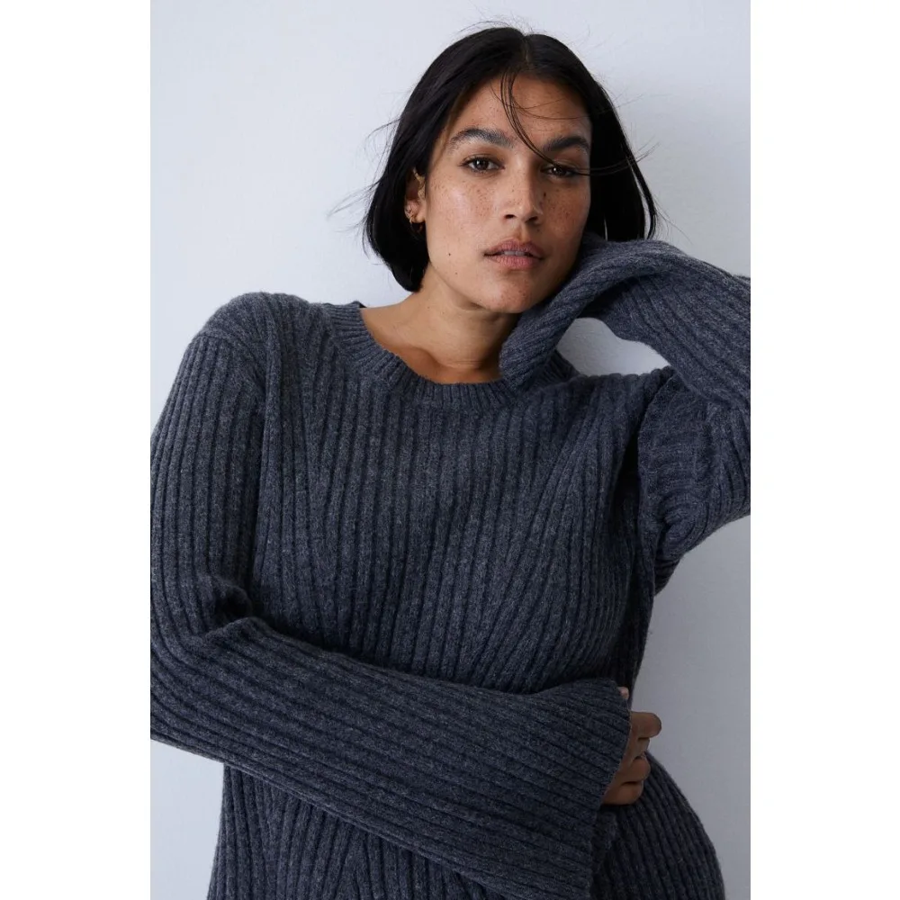 2025 Autumn Winter Women's Long Sleeve Knit Dress Solid Color Casual Sweater Dress European American Style Cross Border