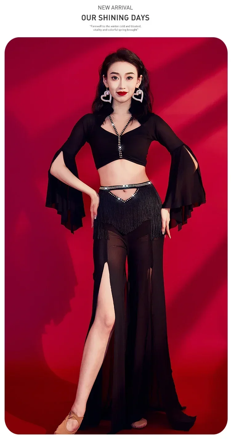 مجموعة ملابس الرقص الشرقي ، توب بأكمام مضيئة ، بنطلون شرابة صناعي ثقيل ، أداء شرقي ، حجر أب ، جديد