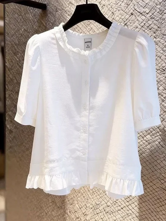 Summer 2026 White Short Sleeve round Neck Shirt Women's Fashionable Earlet Design Commute Style Polyester Fiber Shirt 3